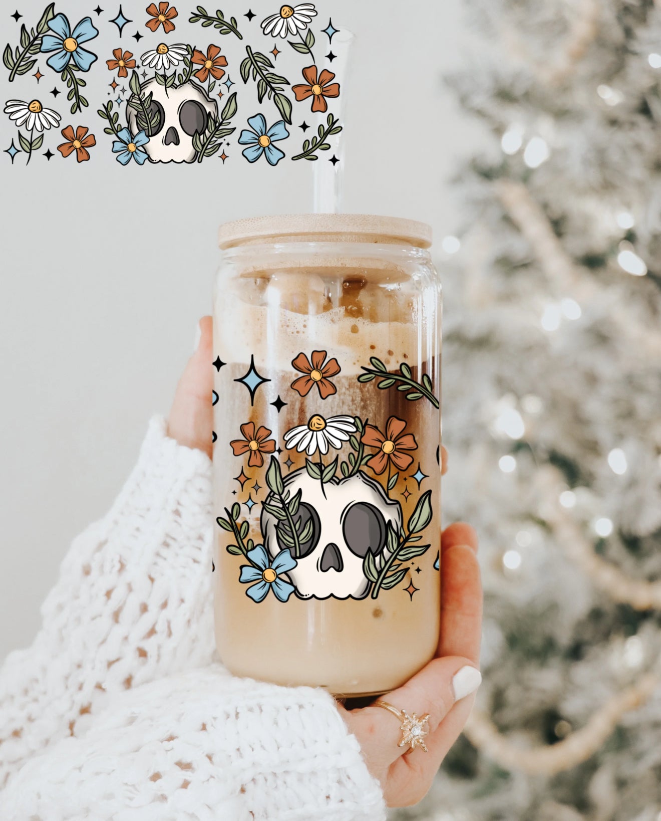 Floral Skully 16oz Glass