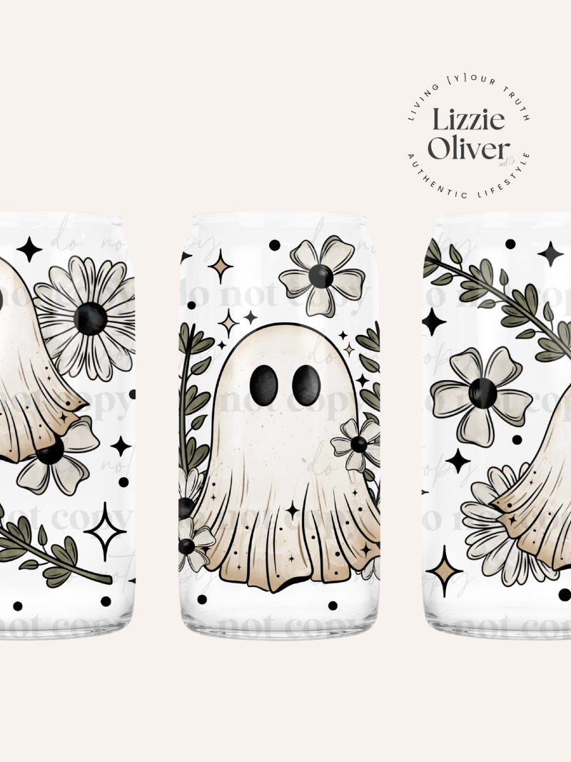 Boho Floral Ghost 16 oz Glass Can