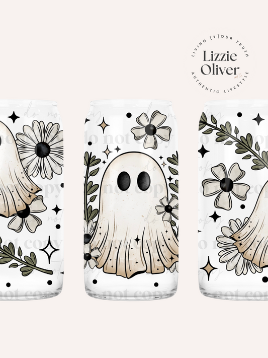 Boho Floral Ghost 16 oz Glass Can