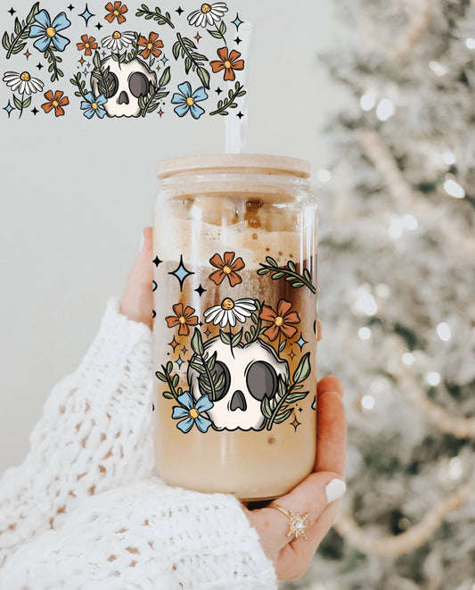 Floral Skully 16oz Glass